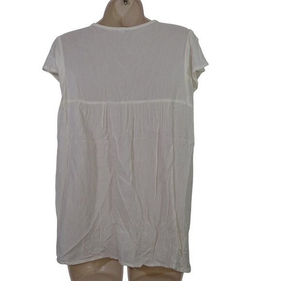 Old Navy Cream Boho Tunic Top Tassel Tie Women Size L Crinkle Rayon Short Sleeve - Picture 3 of 8